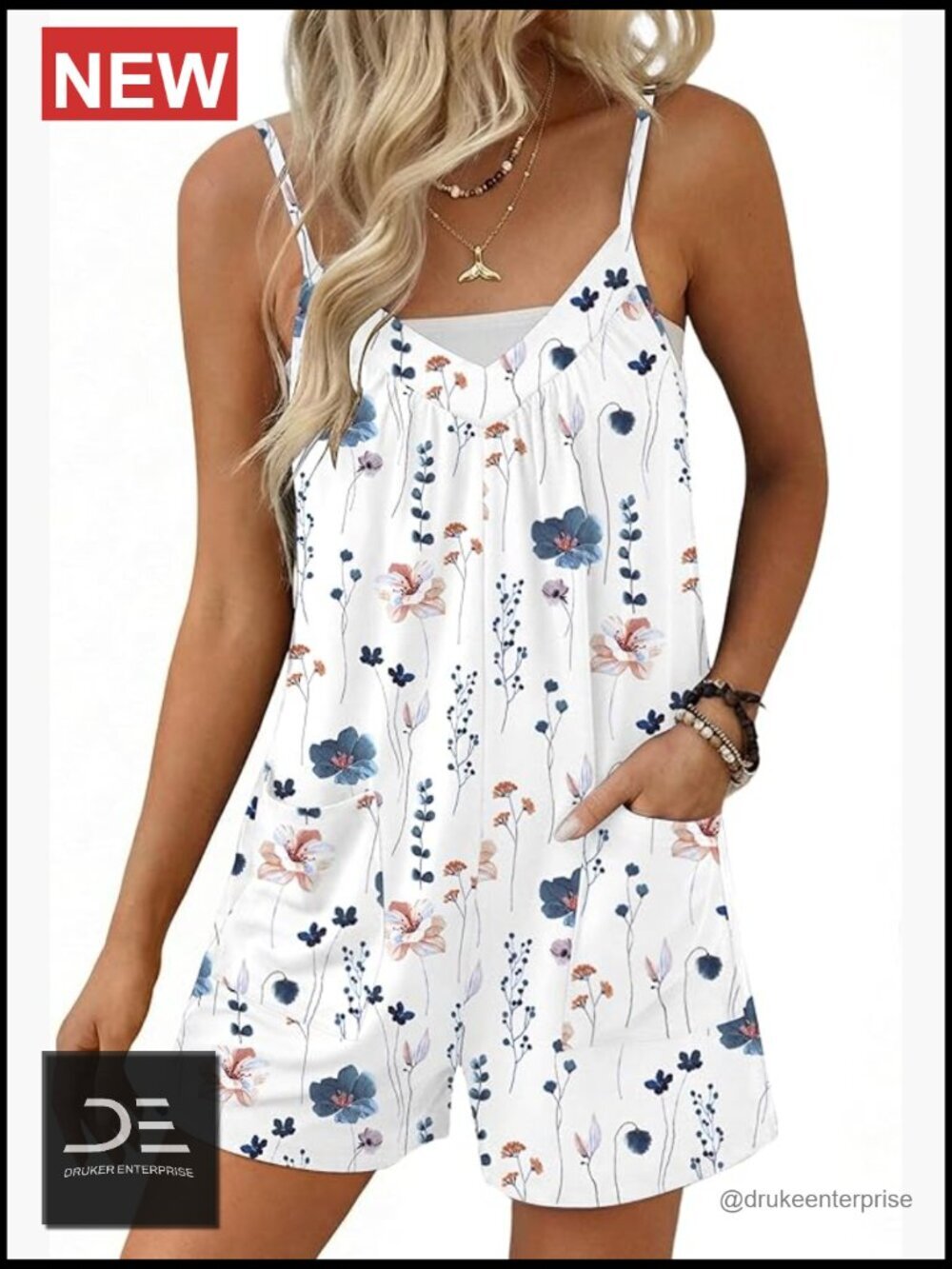 Sleeveless V-Neck Floral Romper Jumpsuit with Pockets